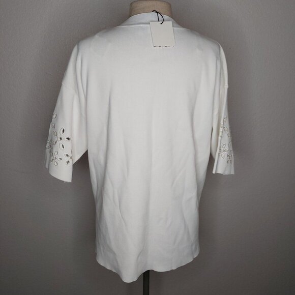 Zara Womens Top Medium Ribbed Short Sleeve Embroidered Flower Sleeves Ivory - Picture 5 of 16